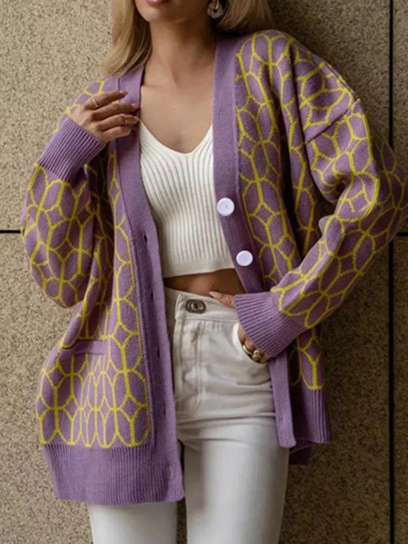 Geometric Patterned Button-Down Cardigan by Trendsi