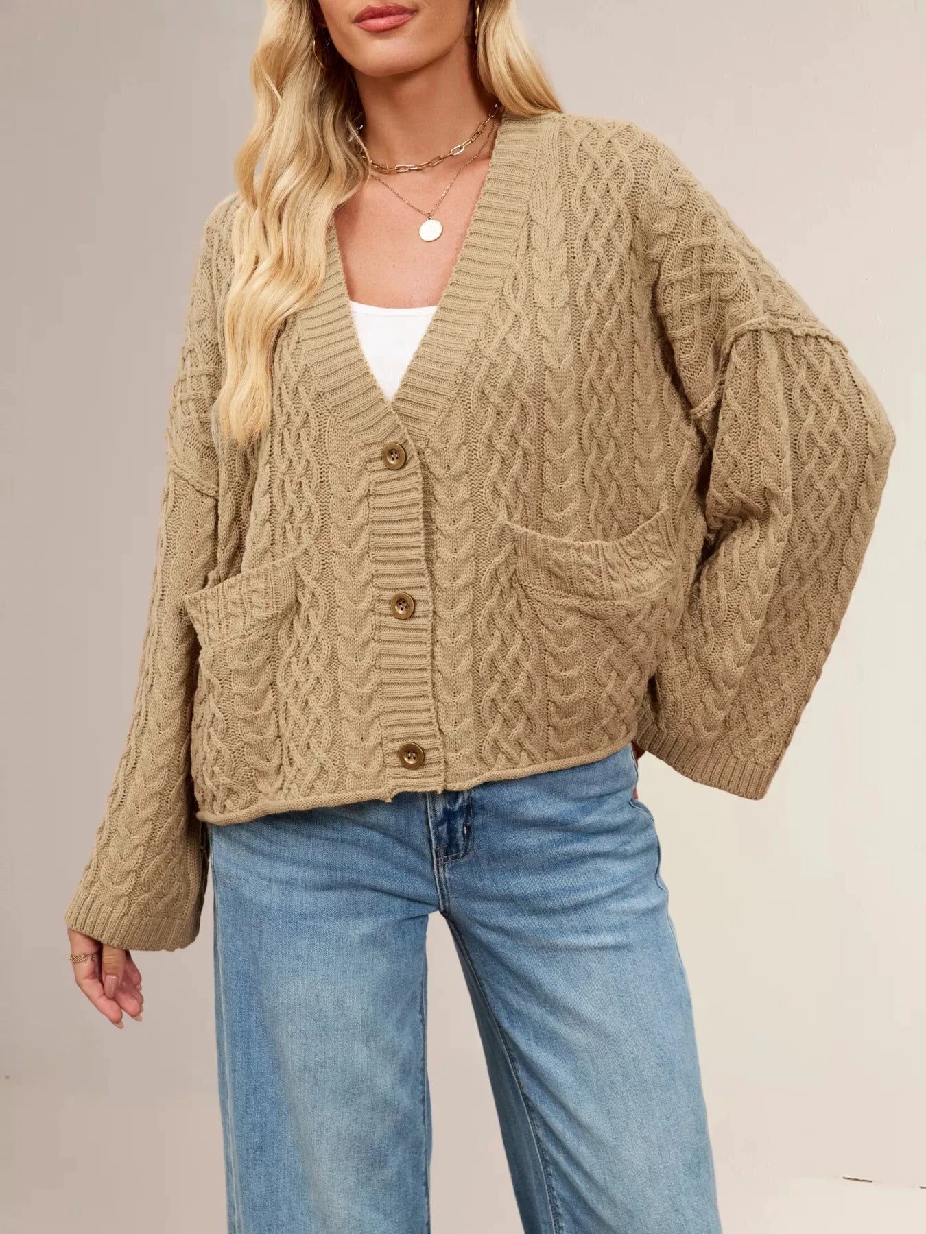 Cable Knit Button-Down Cardigan by Trendsi