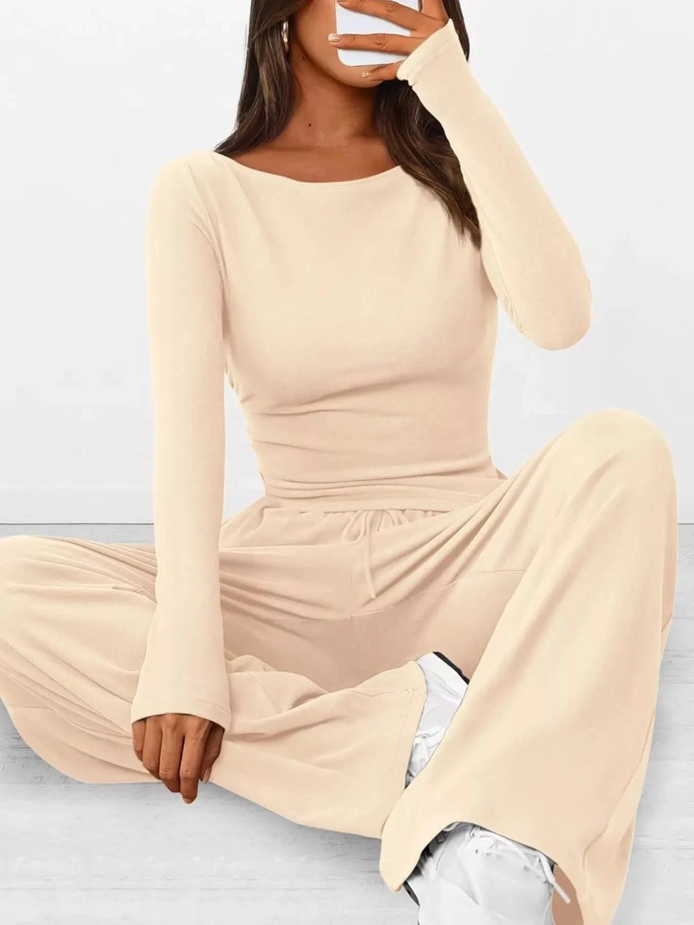 Long Sleeve Top and Wide Leg Pants Set by Trendsi