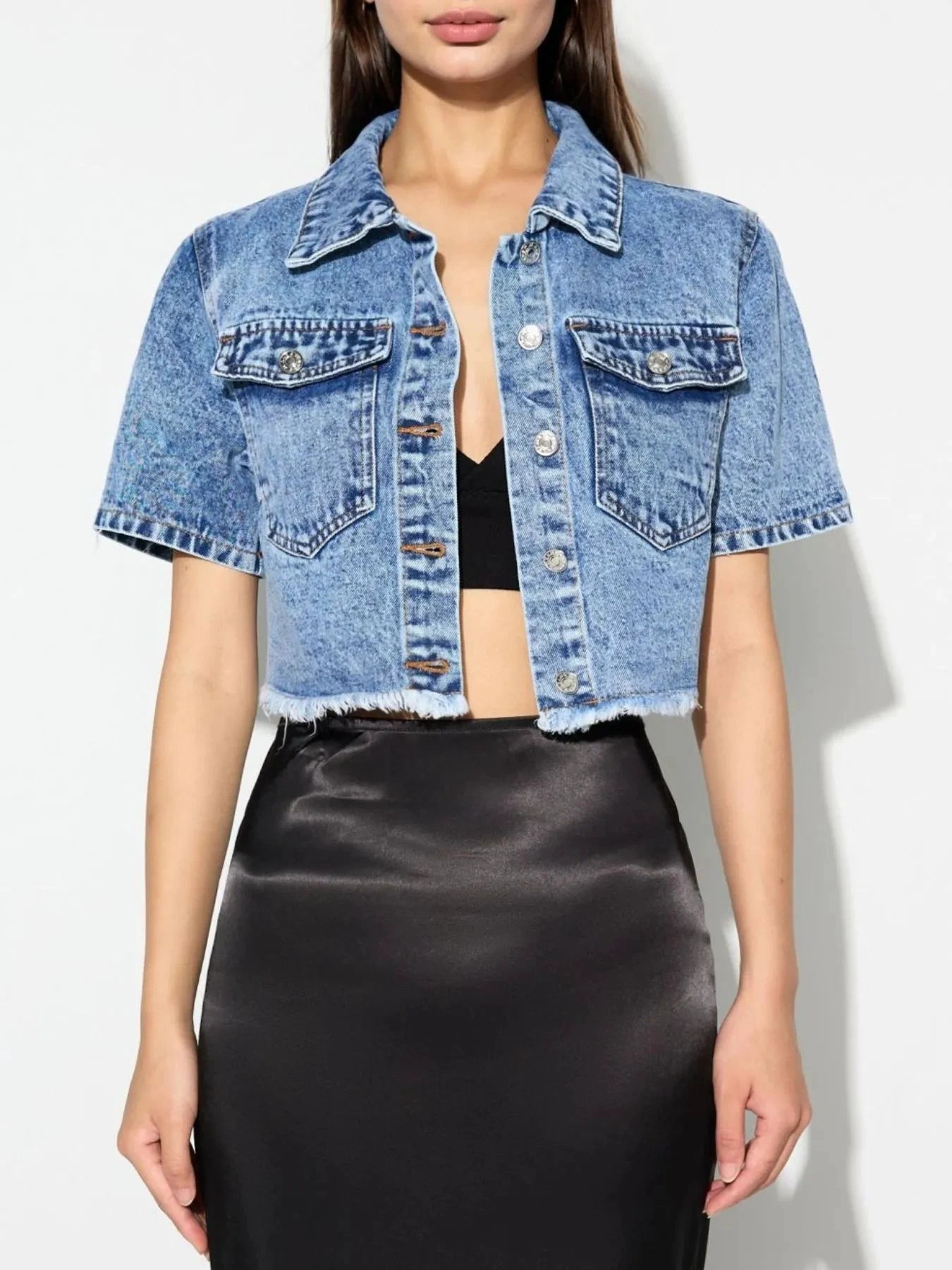 Cropped Short Sleeve Denim Jacket with Frayed Hem by Trendsi