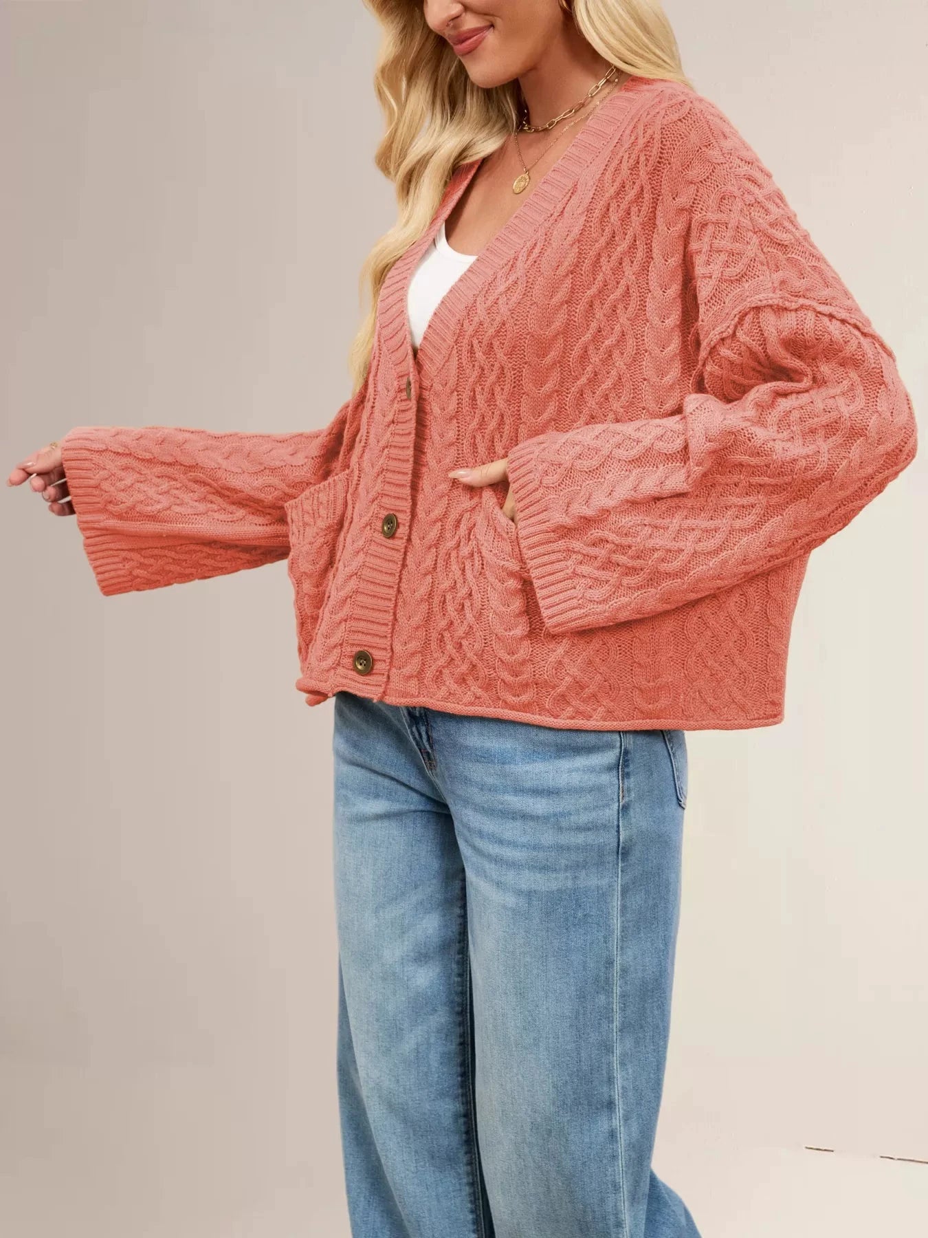 Cable Knit Button-Down Cardigan by Trendsi