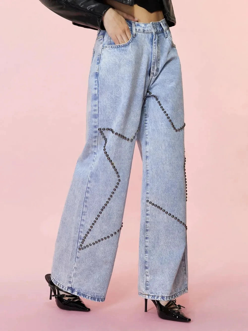 Studded Star Straight Jeans with Pockets by Trendsi