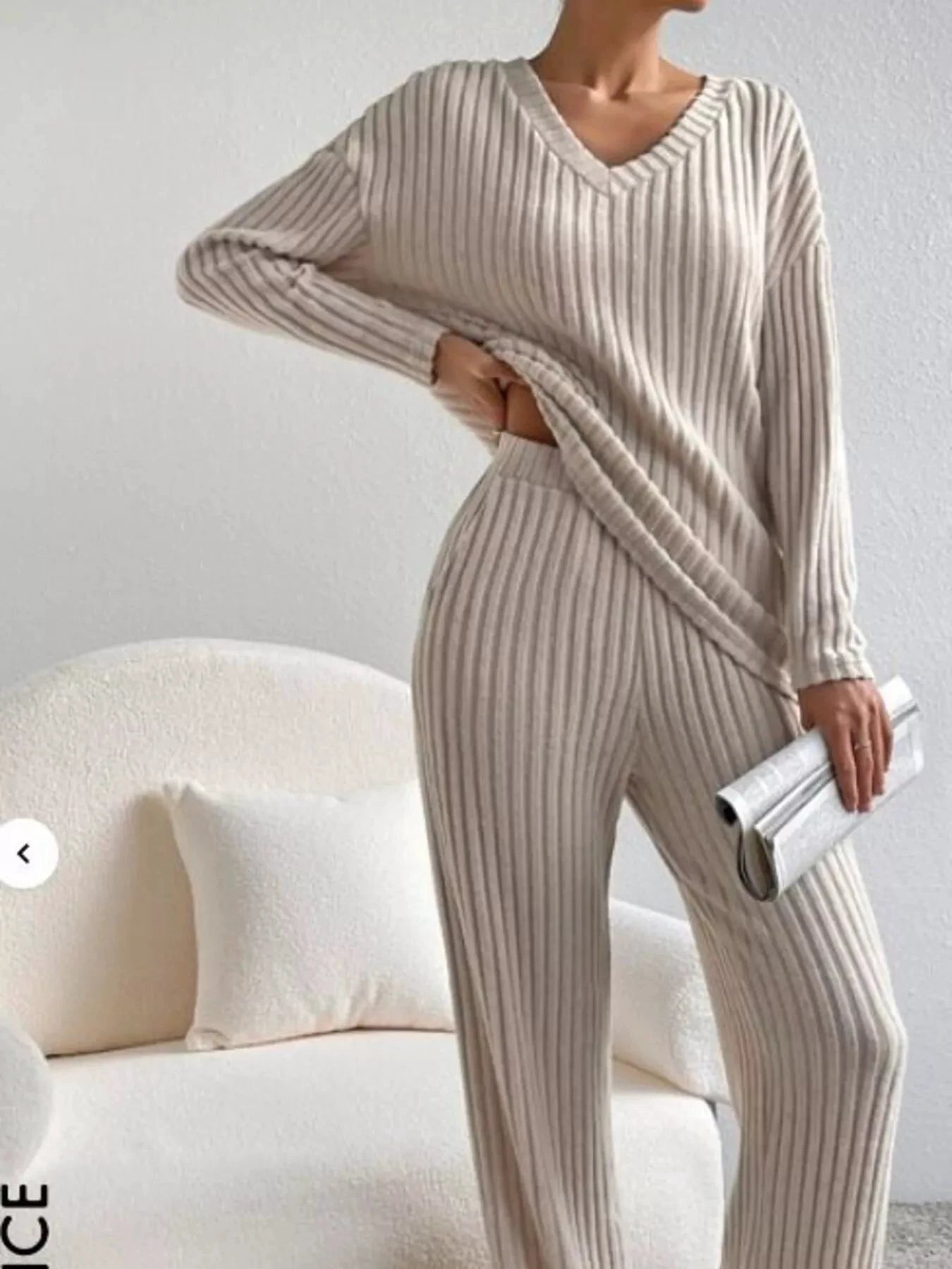 Ribbed Knit V-Neck Top and Pants Set by Trendsi