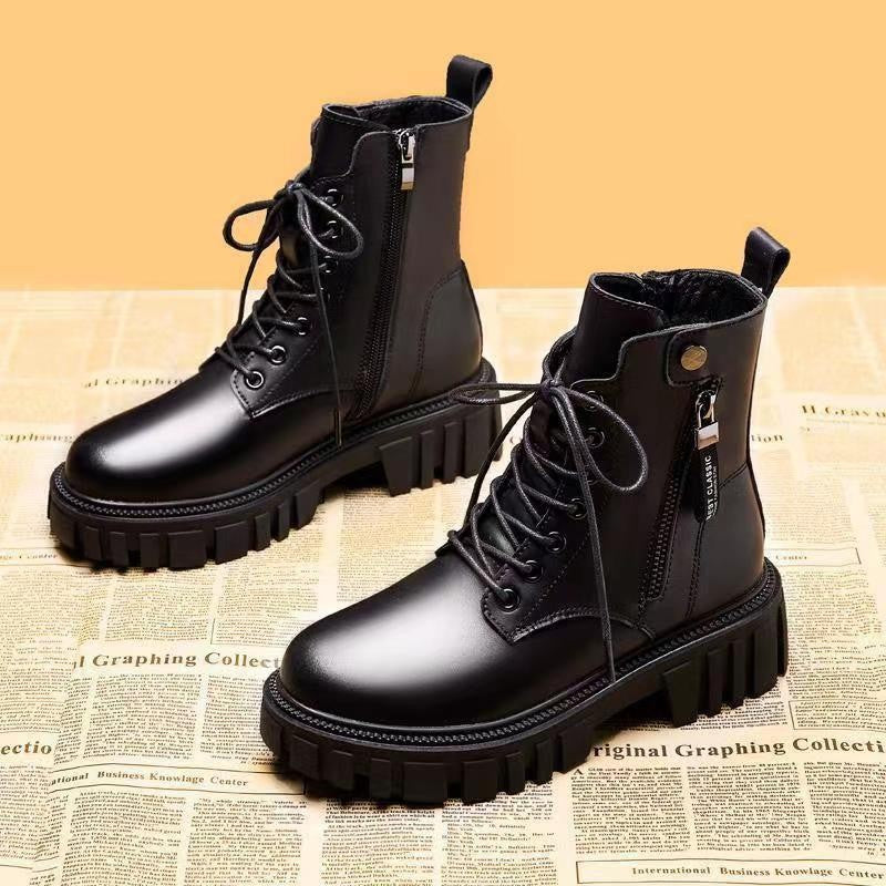 Bottines noires à semelle épaisse pour femmes avec fermeture éclair latérale