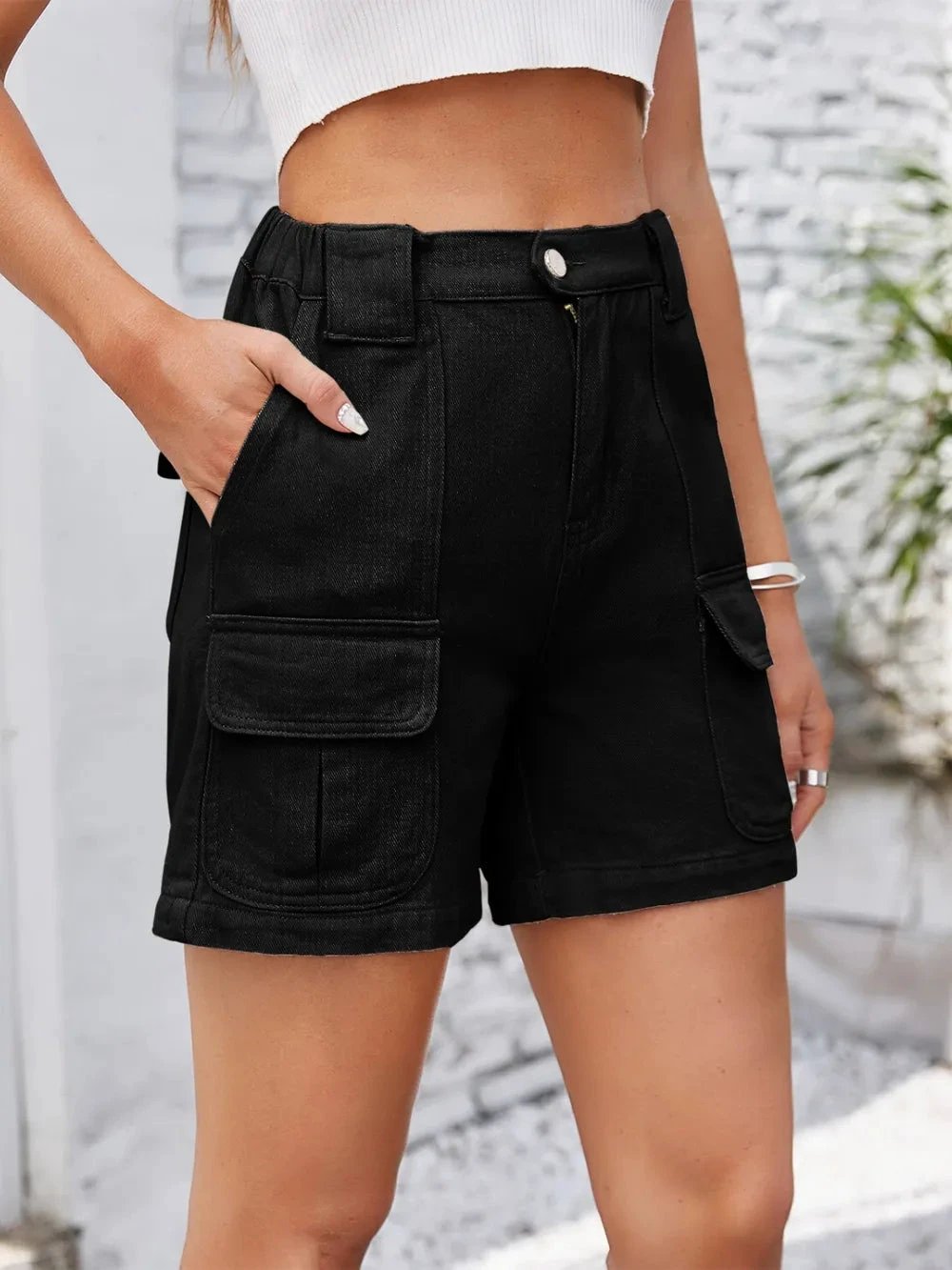 High Waist Washed Denim Shorts by eprolo