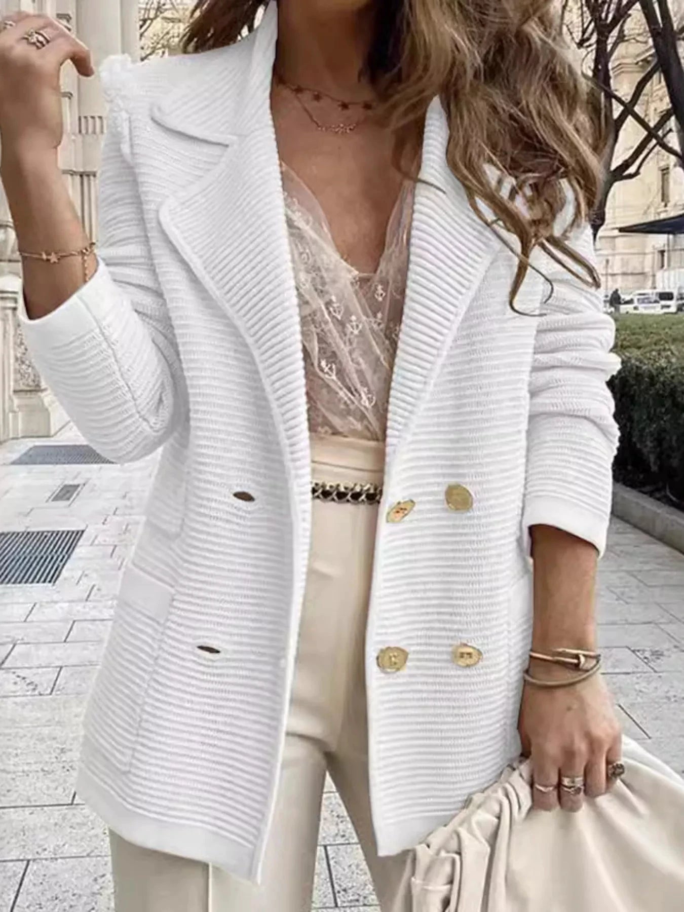 Texture Knit Double-Breasted Blazer by Trendsi