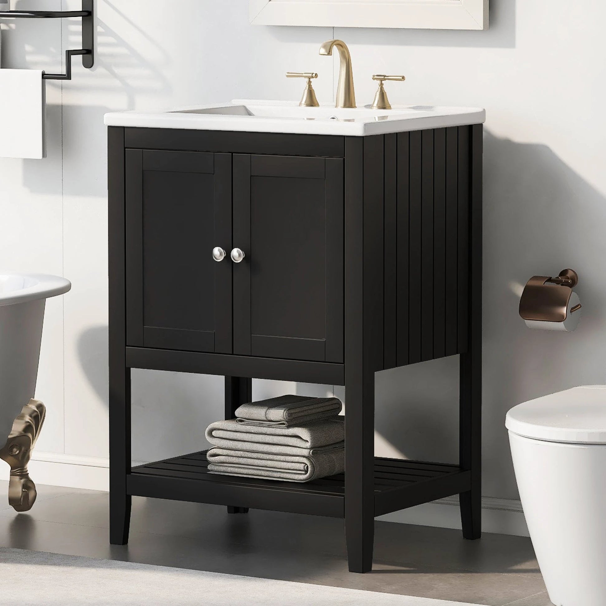 24" Black Modern Sleek Bathroom Vanity Elegant Ceramic Sink with Solid Wood Frame Open Style Shelf by eprolo