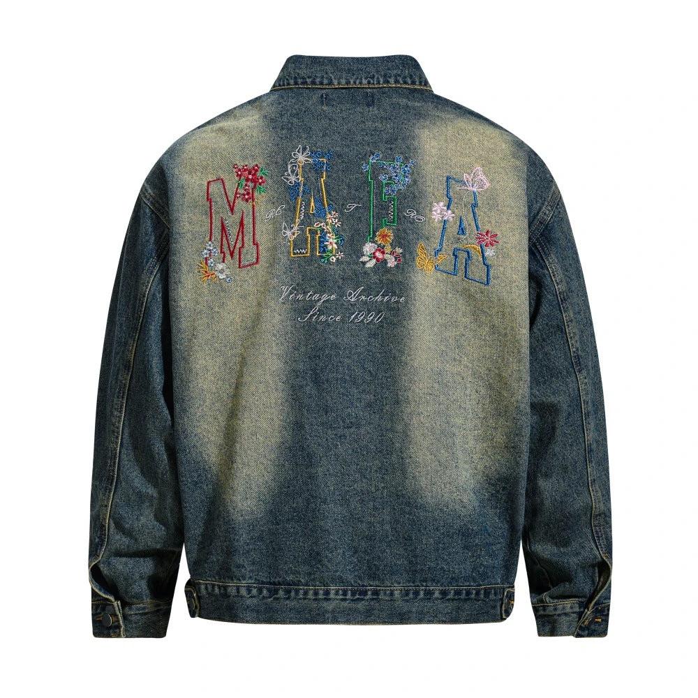 Floral Letter Embroidered Denim Jacket by eprolo