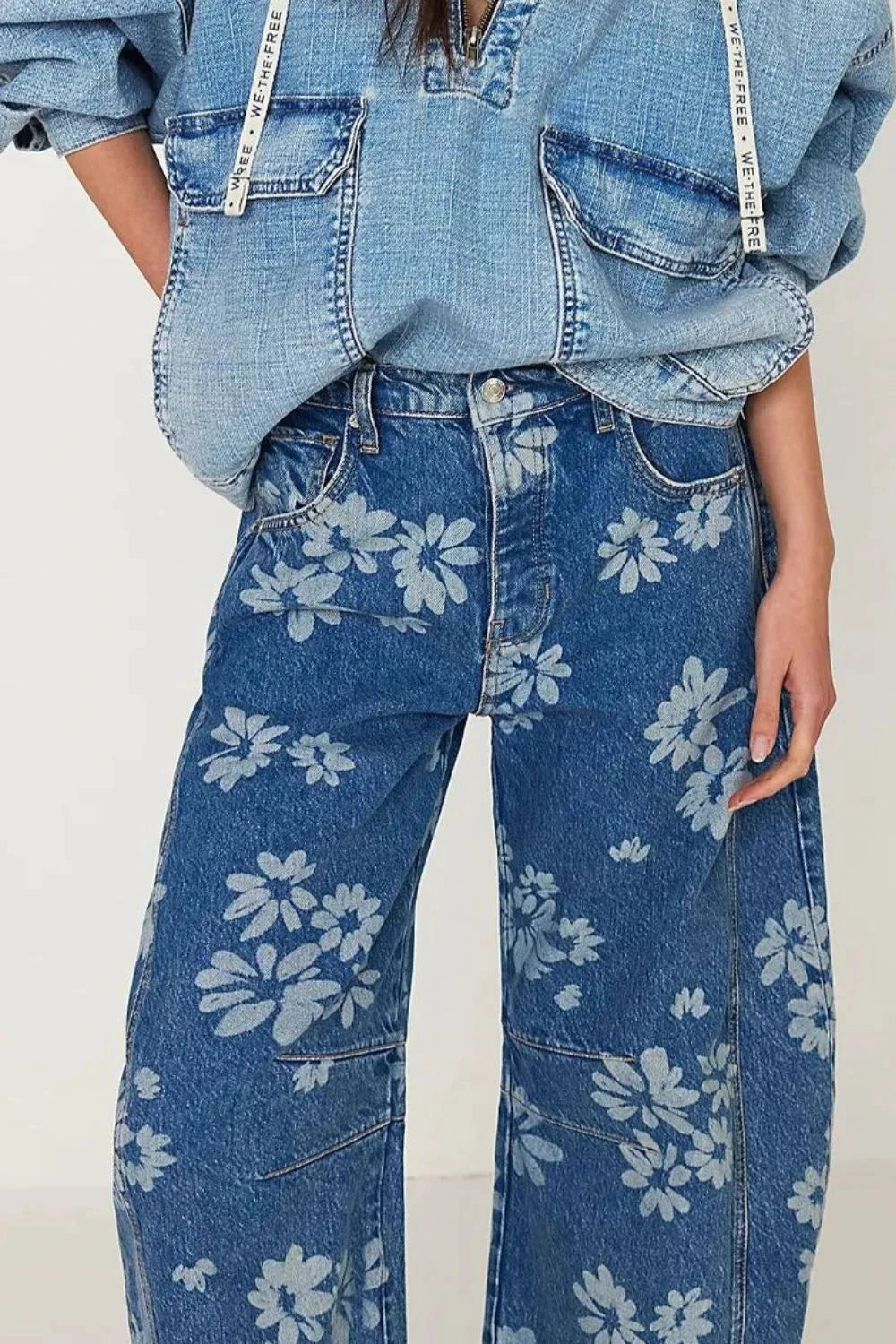 Flower Print Wide Leg Jeans by Trendsi