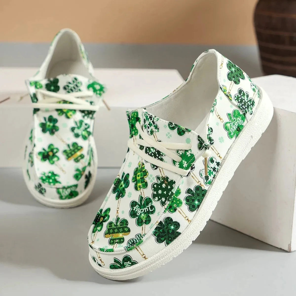 Lucky Clover Print Canvas Sneakers by Trendsi