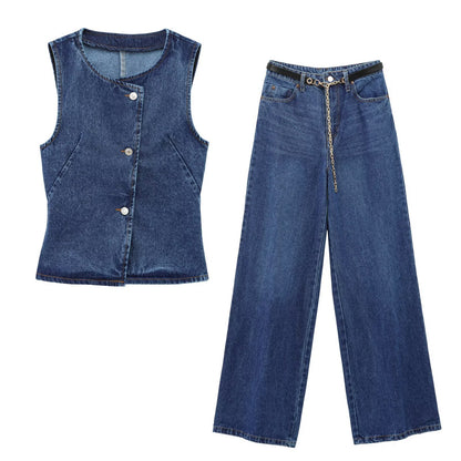 Women's Denim Vest with Belt and Denim Pants Set