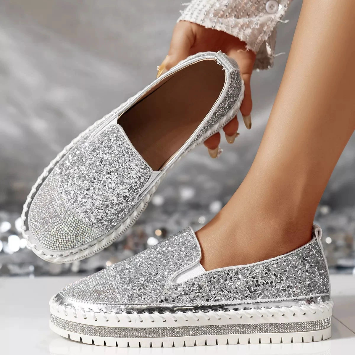 Rhinestone Sequin Round Toe Platform Loafers by Trendsi