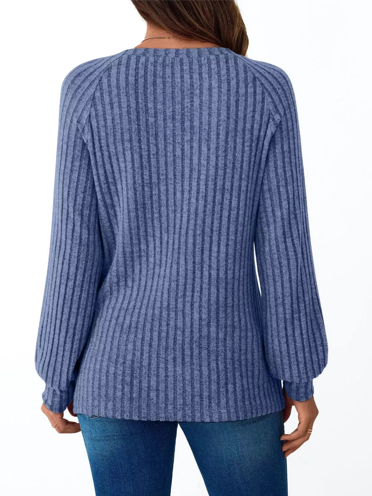 Ribbed Knit Decor Button Long Sleeve T-Shirt by Trendsi