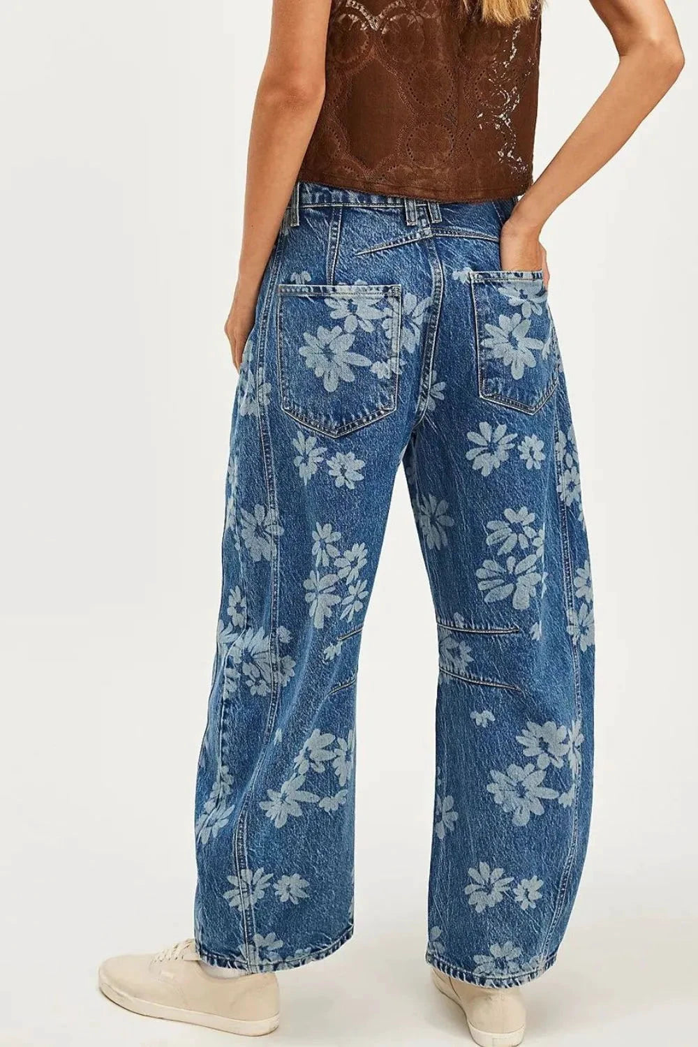 Flower Print Wide Leg Jeans by Trendsi