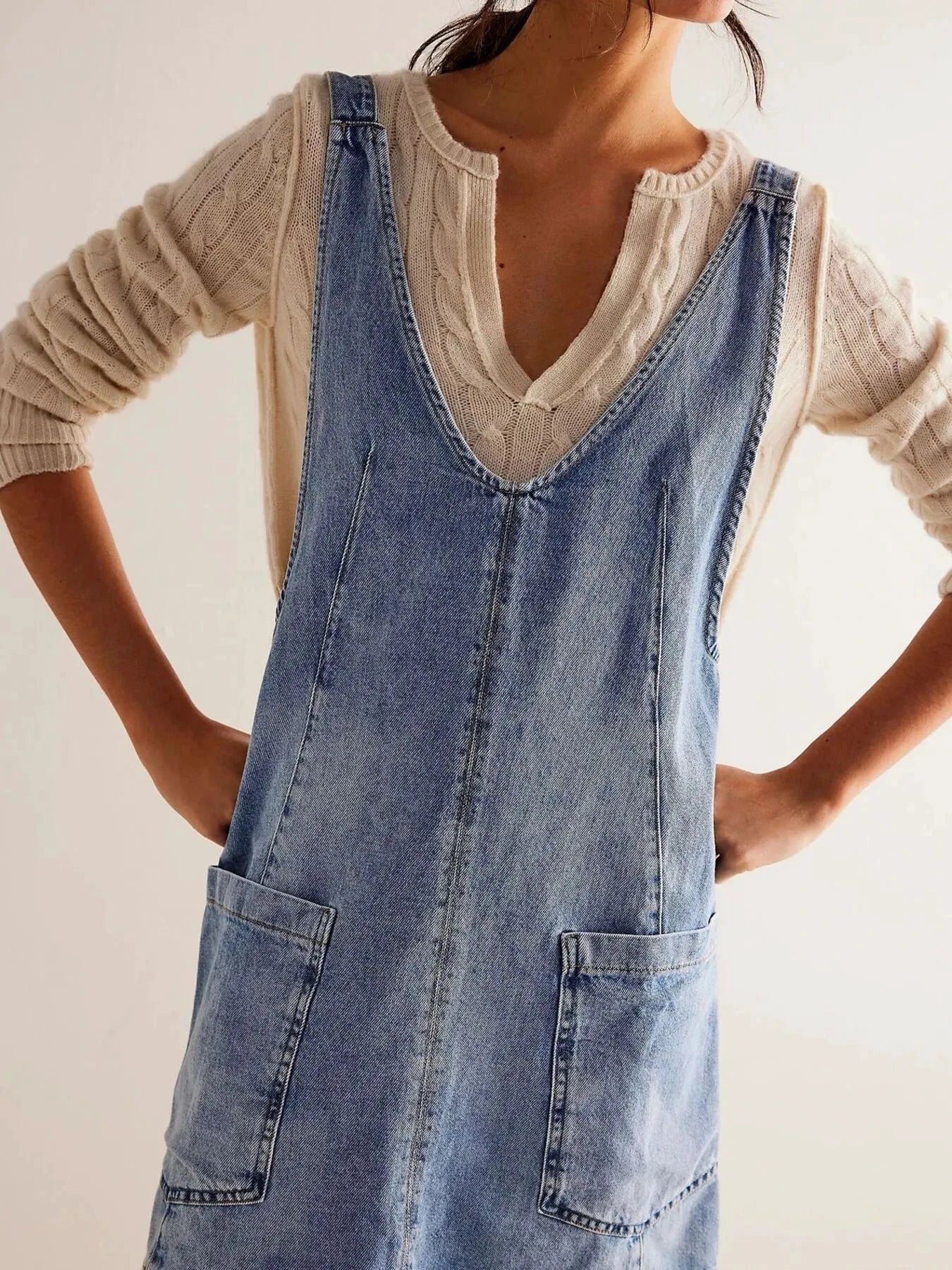 Oversized V-Neck Denim Tank Dress with Front Pockets by Trendsi