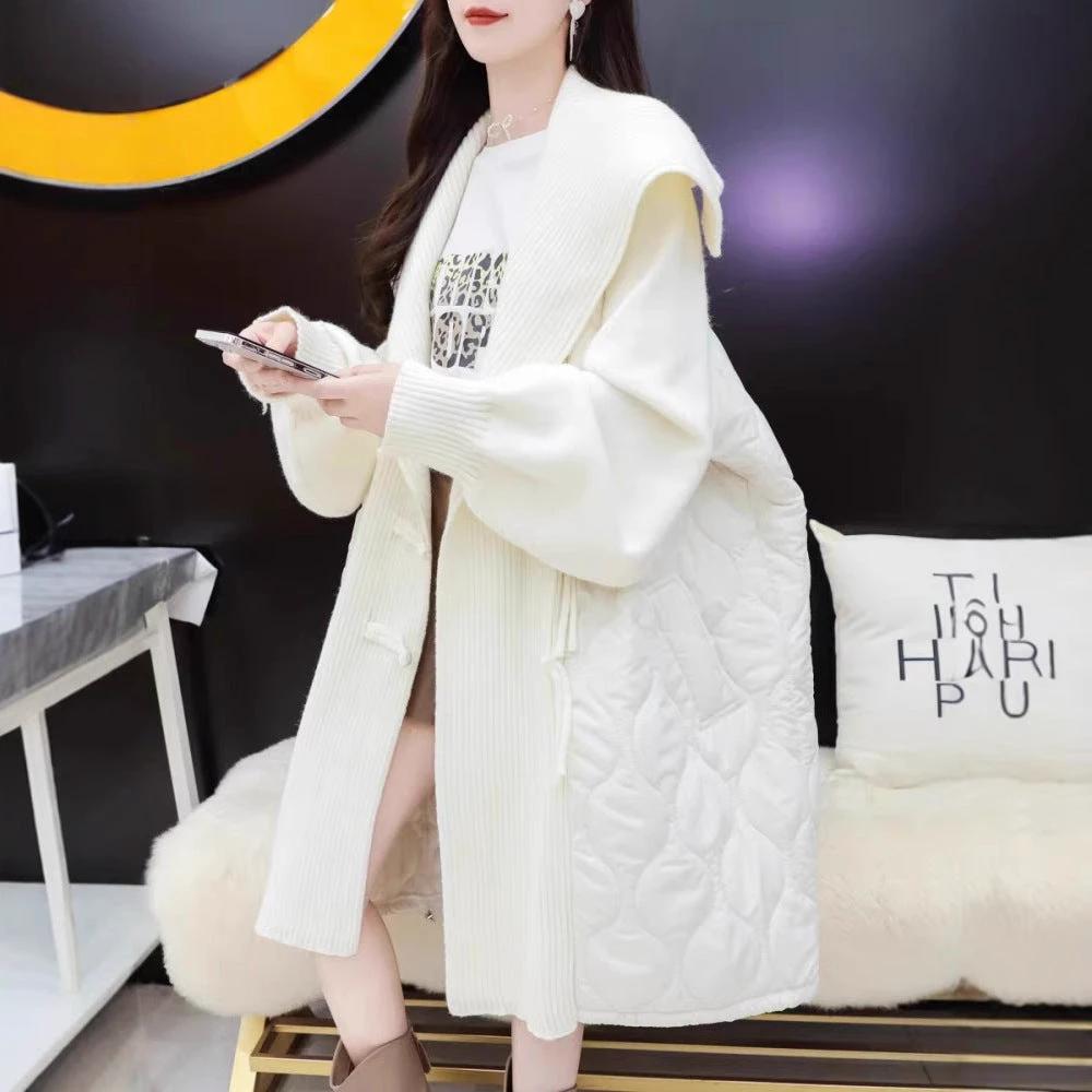 Feminine Knitted Cotton Coat with Disk Buttons, Notched Lapel, Patchwork Cardigan, Casual Loose Oversized European-Style Mid-Length Outerwear by eprolo