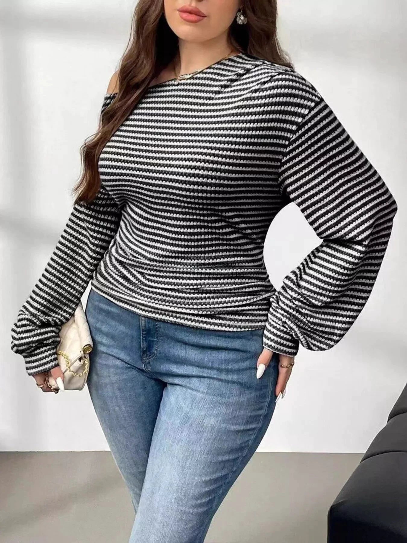Plus Size Striped One-Shoulder Long Sleeve T-Shirt by Trendsi