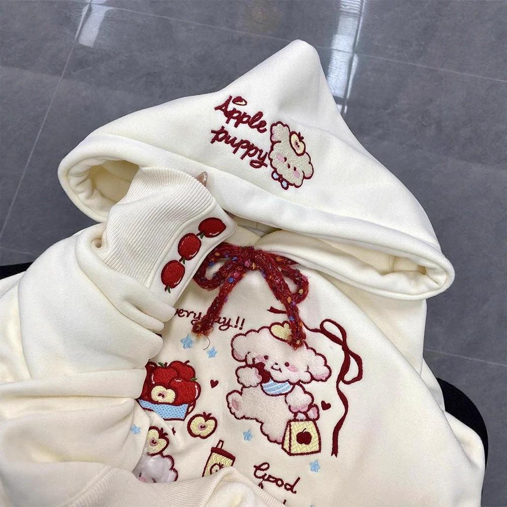 Cute Cartoon Embroidered Hoodie for Women, Fleece-Lined Thickened Lazy Style Top Jacket by eprolo