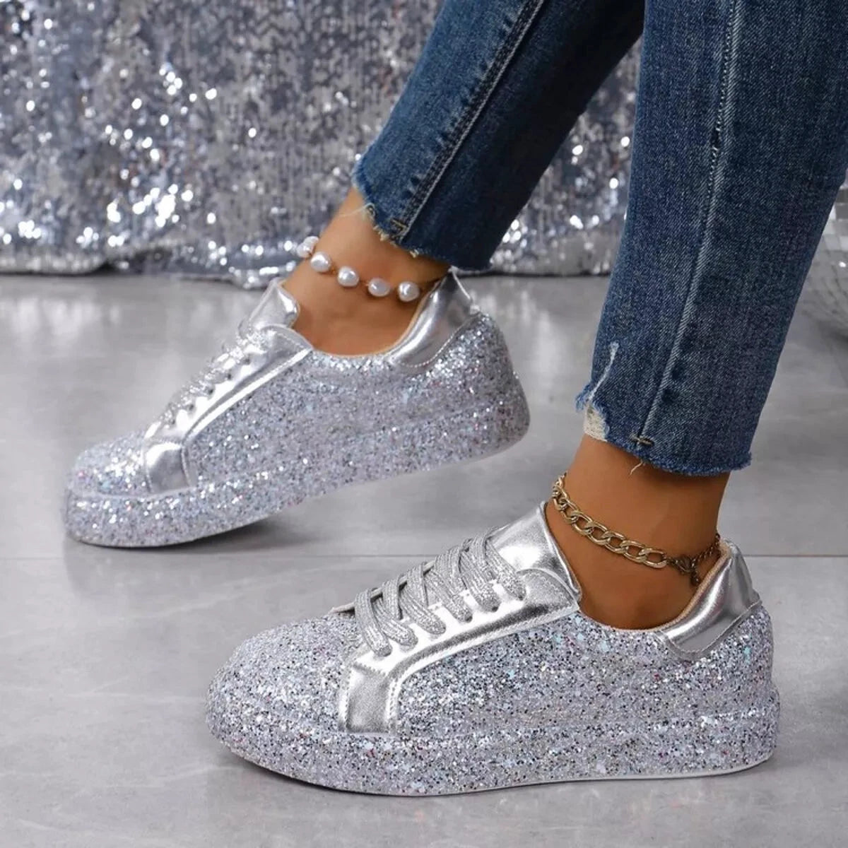 Sparkling Lace Up Sneakers by Trendsi