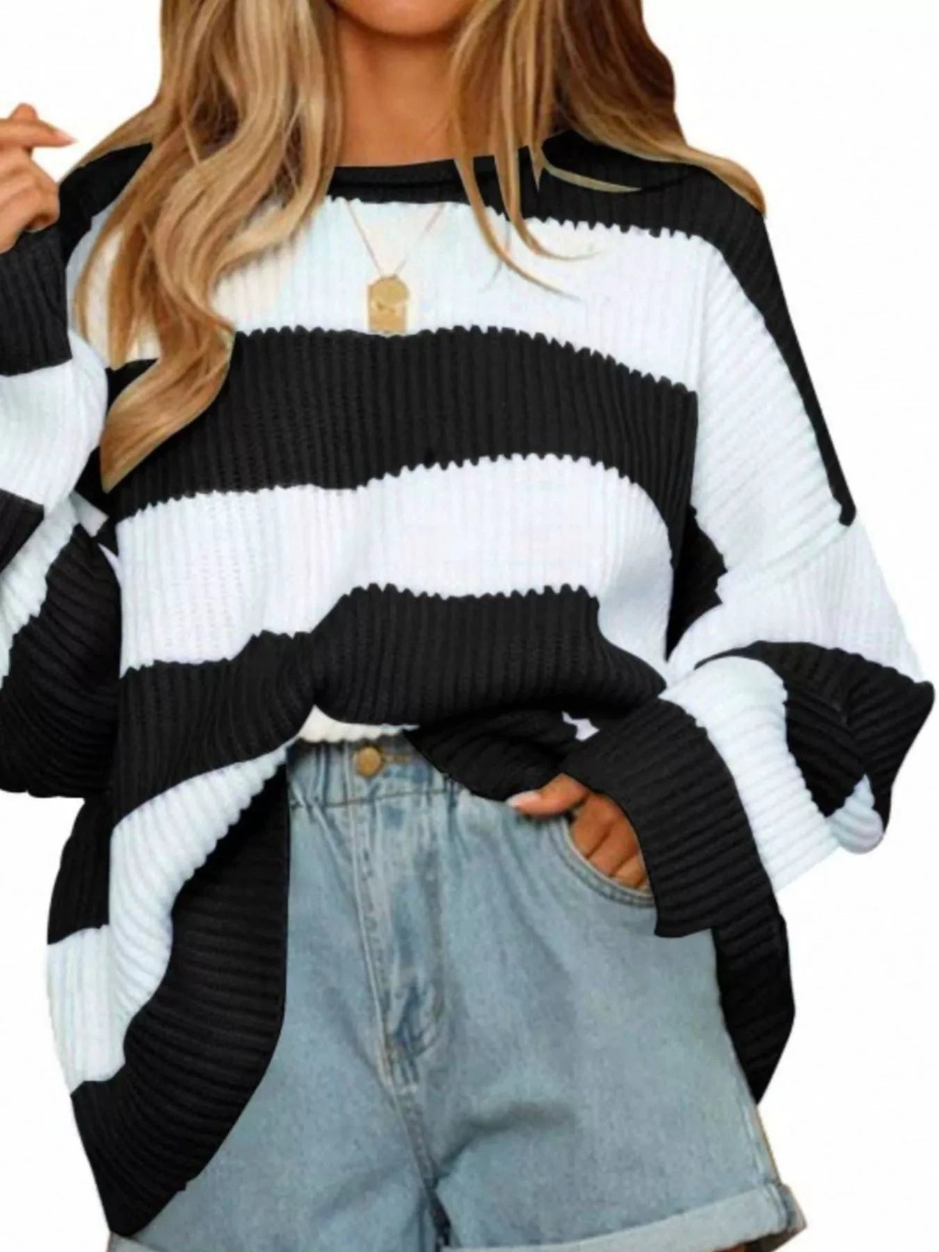 Full Size Contrast Striped Round Neck Sweater Plus Size by Trendsi
