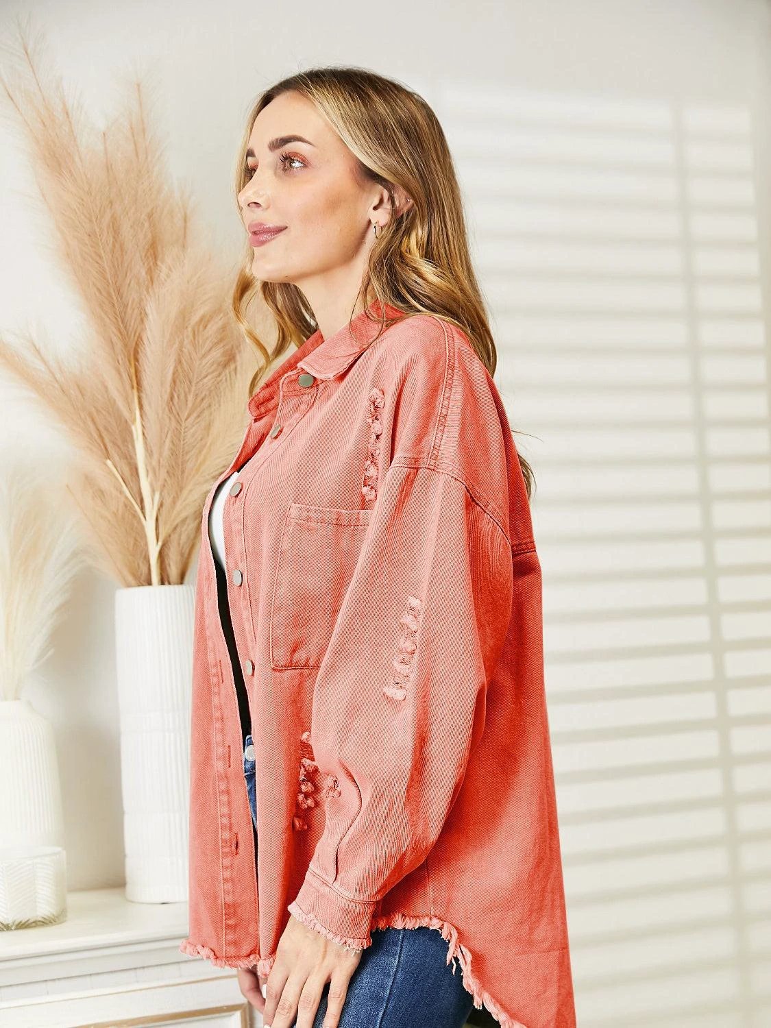 Distressed Raw Hem Denim Jacket by Trendsi