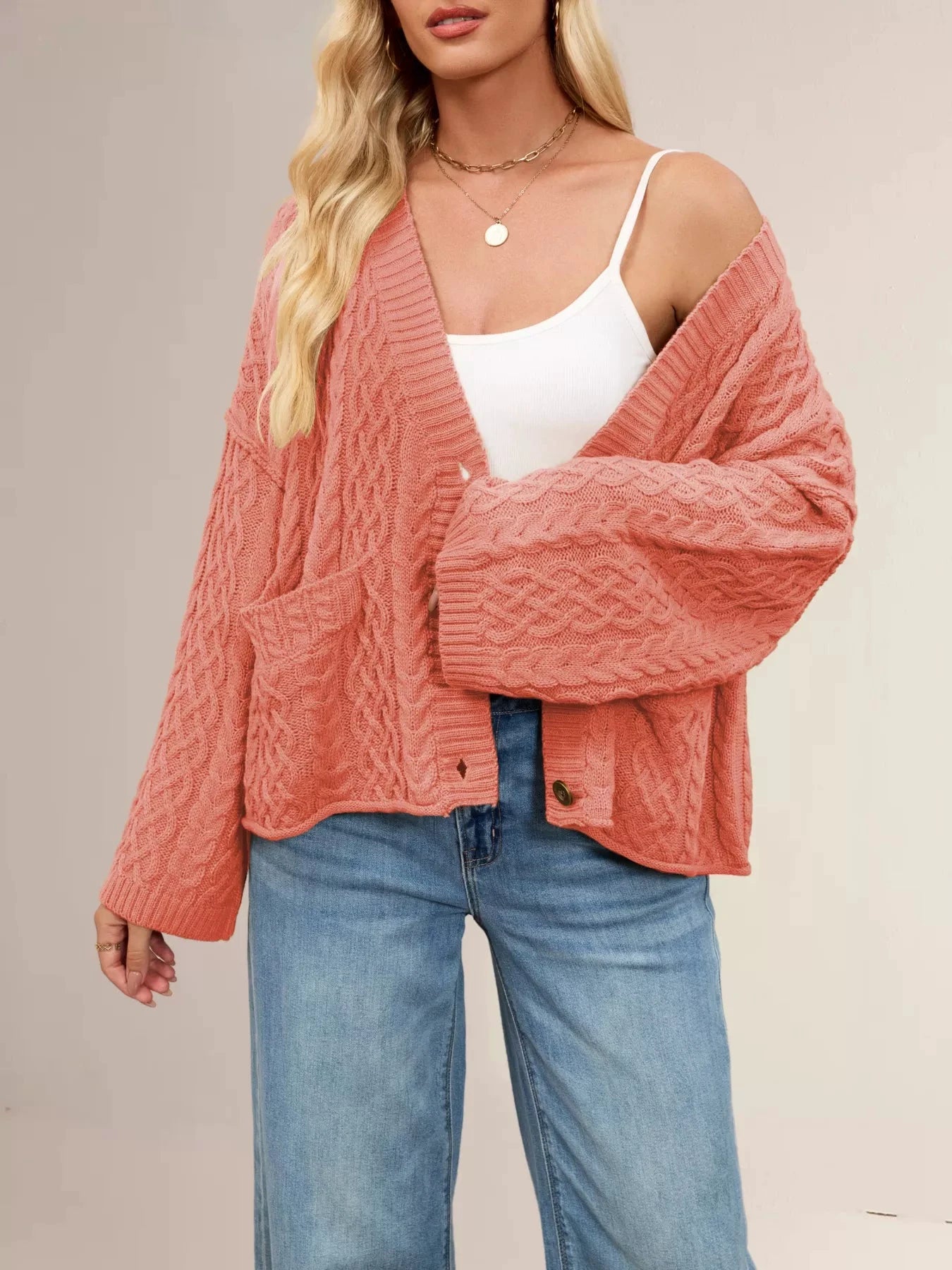 Cable Knit Button-Down Cardigan by Trendsi