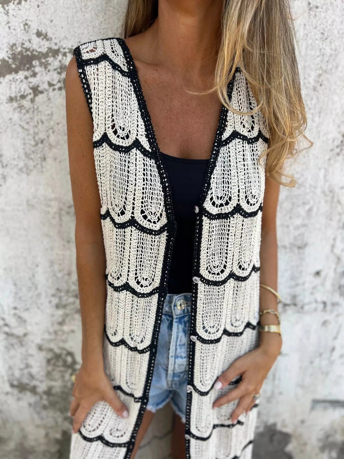 Sleeveless Crochet Longline Cardigan by Trendsi
