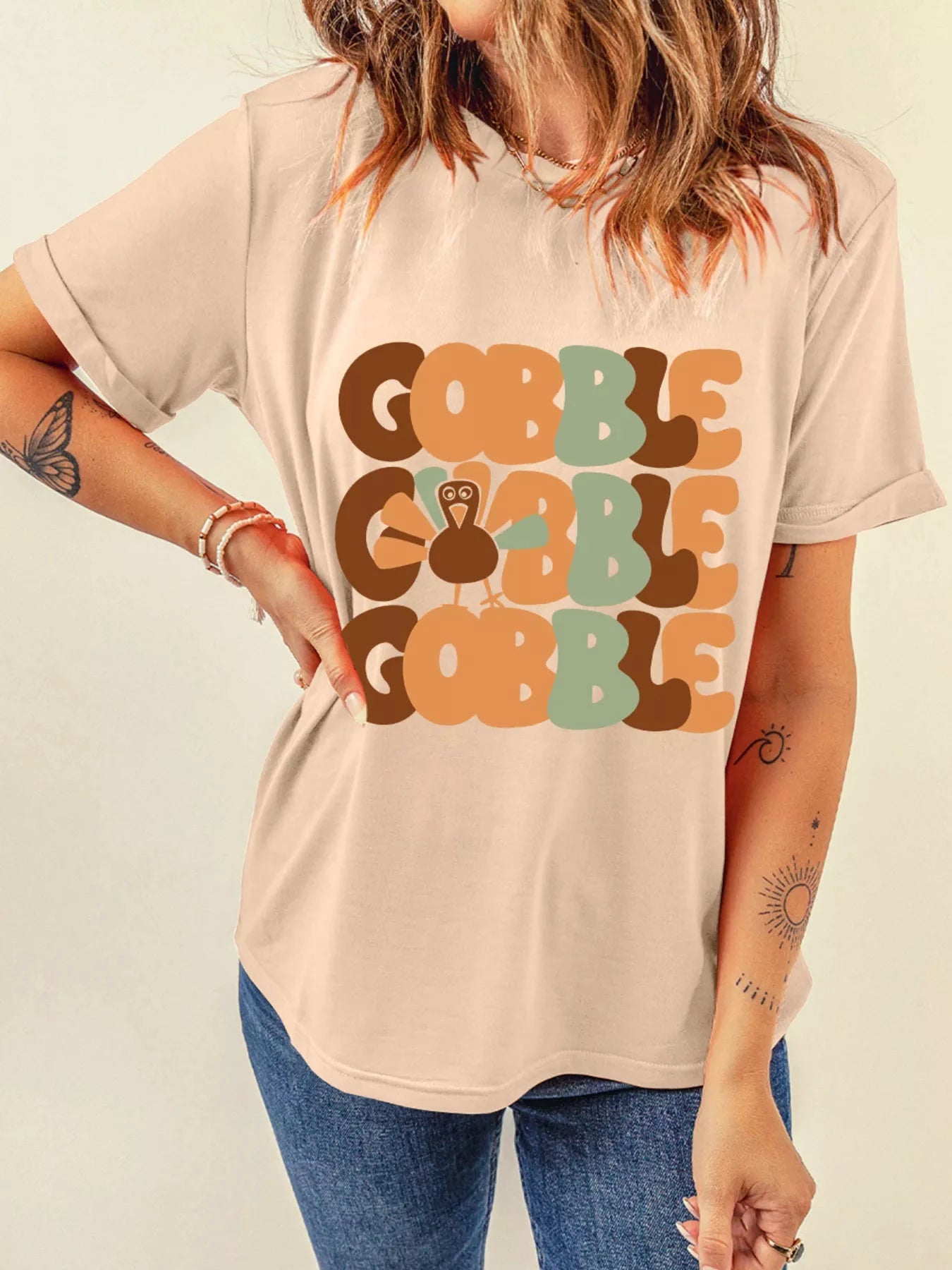 GOBBLE Turkey Graphic Thanksgiving Round Neck Tee by Trendsi