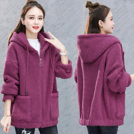 Fleece Hoodie Women Thickened Warm Autumn Winter Loose Zip-Up Teddy Fleece Jacket by eprolo