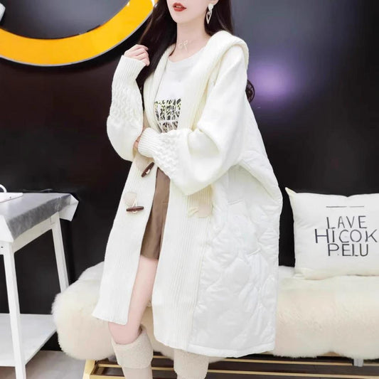 Plus Size Patchwork Hooded Women's Winter Toggle Button Loose Mid-Length Cotton Coat by eprolo