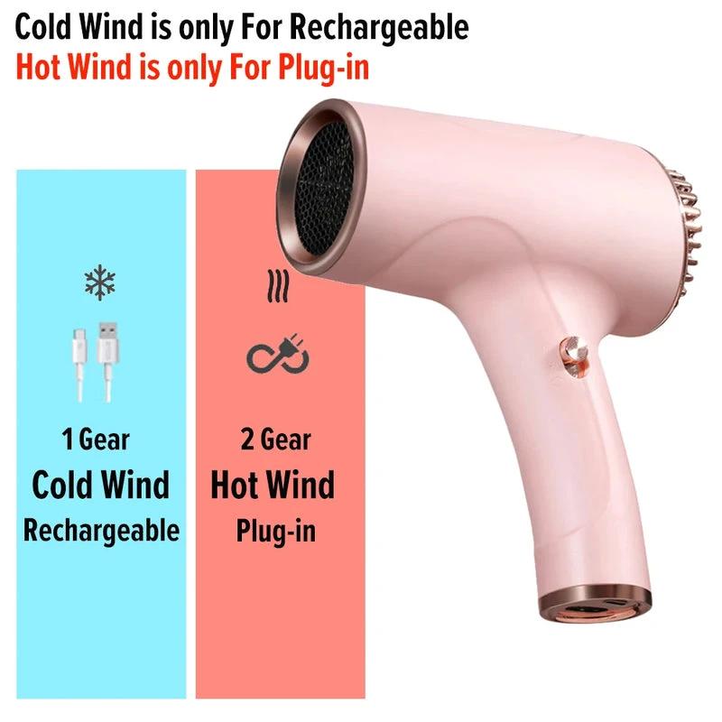 2600mAh Cordless Anion Blow Dryer Portable Hair Dryer 40/500W USB Rechargeable Powerful 2 Gears for Household Travel Salon by eprolo