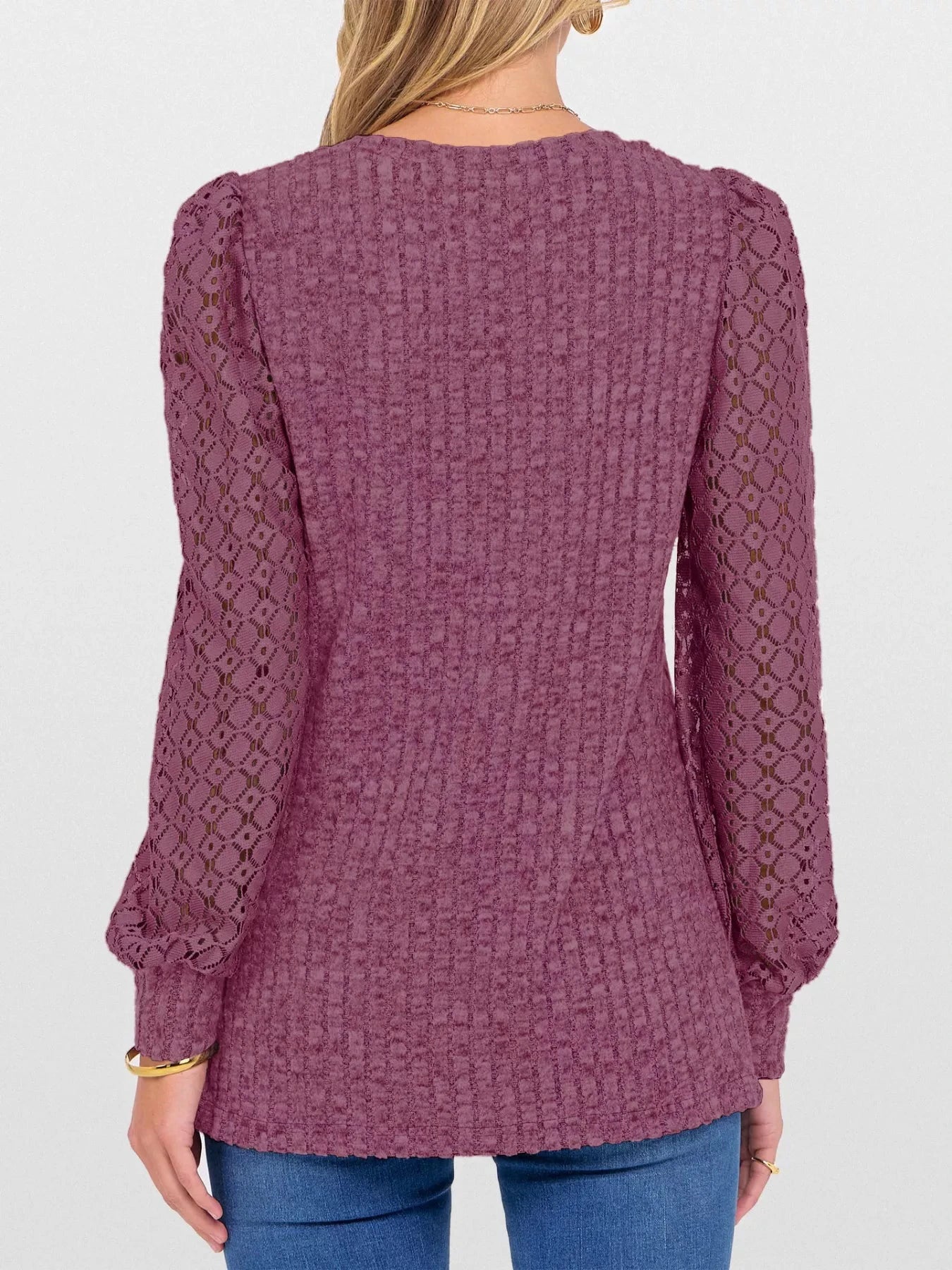 Lace Sleeve V-Neck T-Shirt by Trendsi