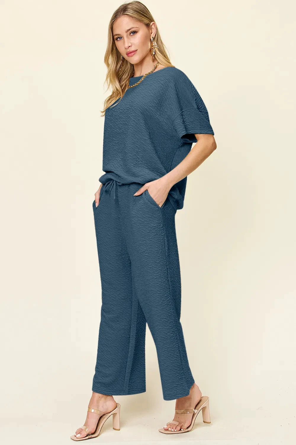 Double Take Full Size Texture Short Sleeve Top and Pants Set by Trendsi