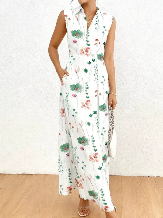 Floral Print Sleeveless Maxi Shirt Dress by Trendsi