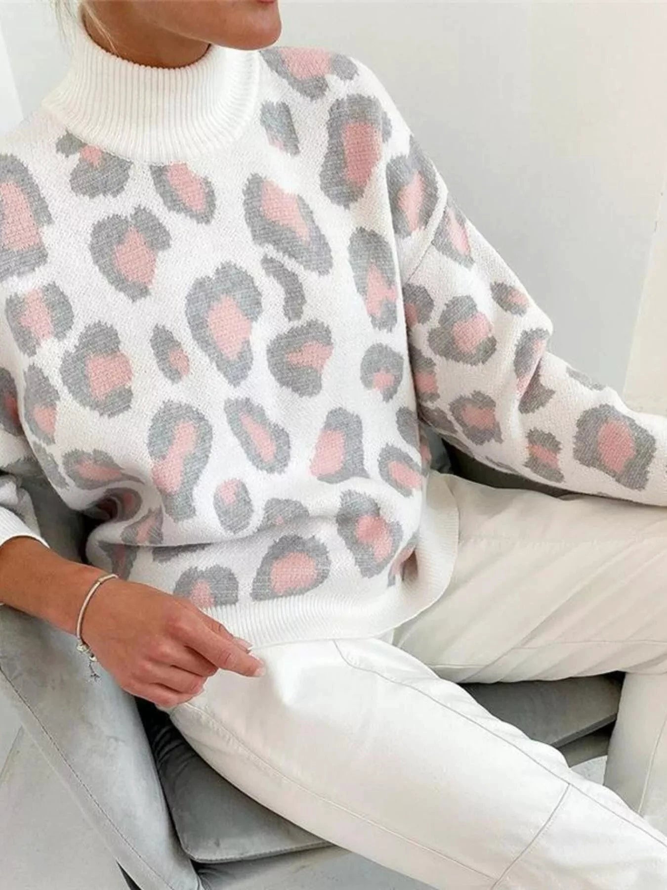 Leopard High Neck Sweater by Trendsi