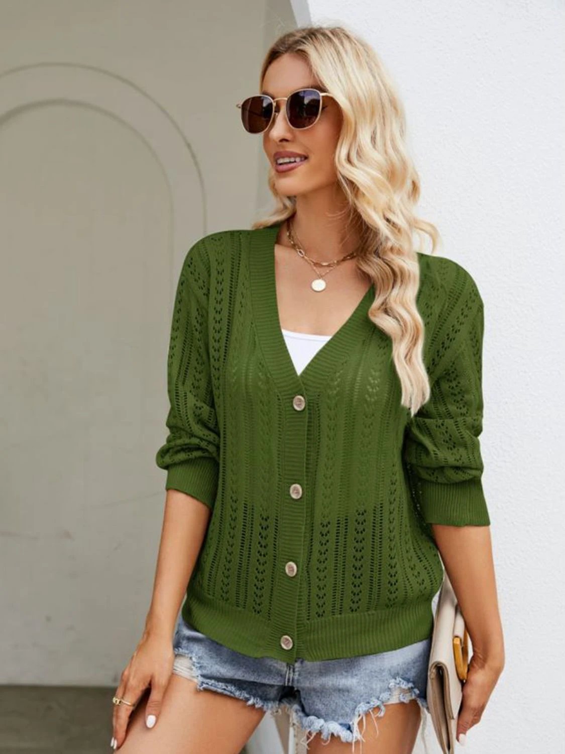 Button Down Ribbed Trim Cardigan by Trendsi