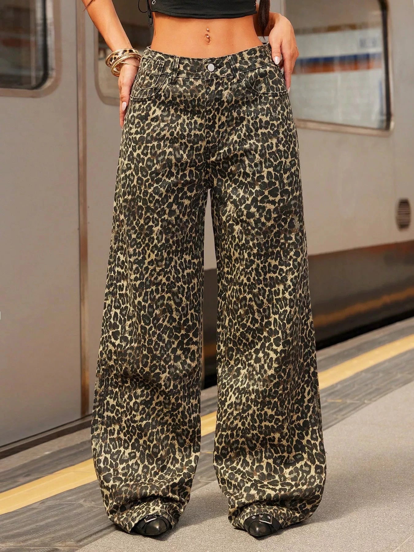 Leopard Print Wide Leg Jeans by Trendsi