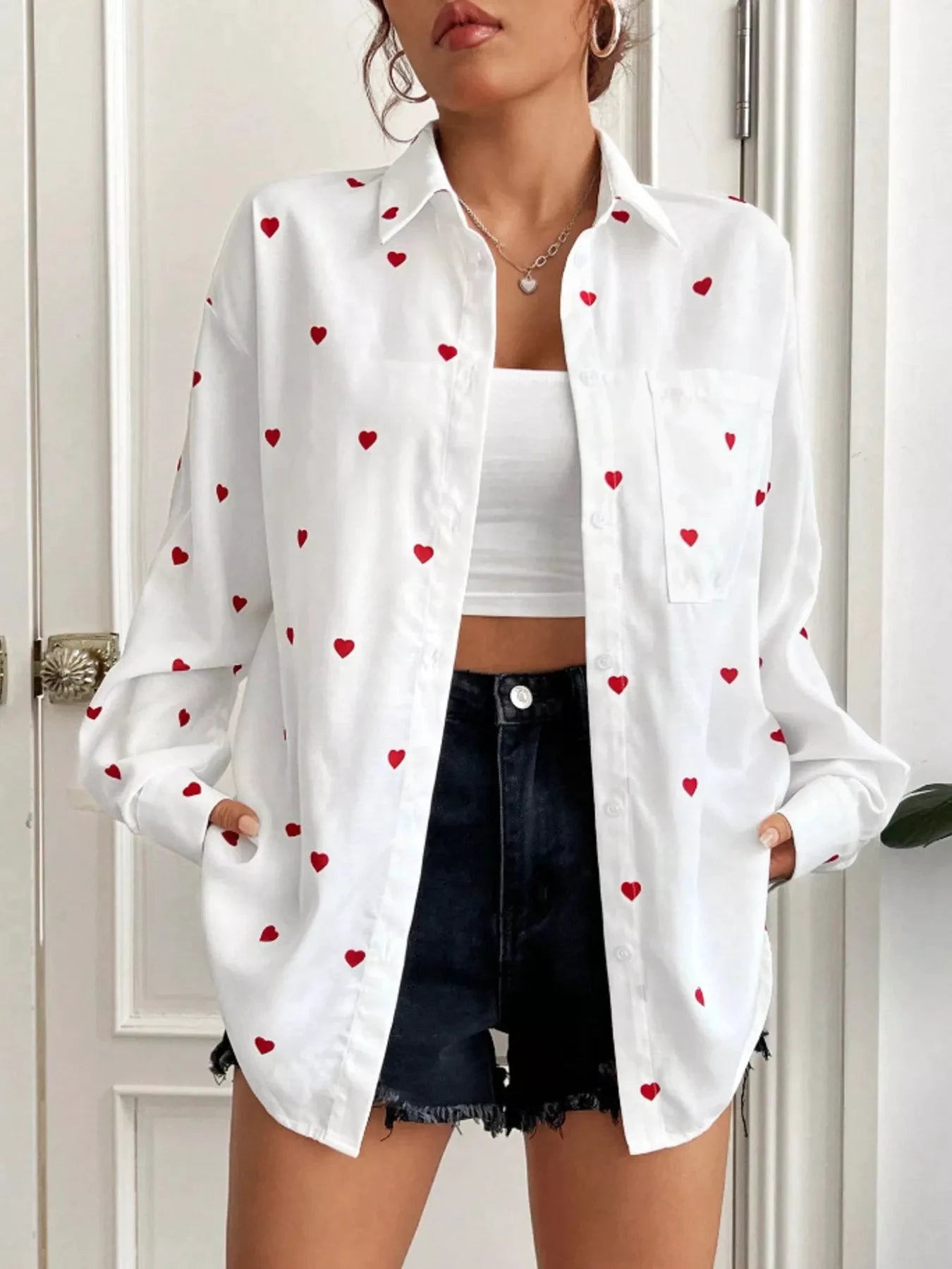 Heart Button Up Oversized Shirt by Trendsi