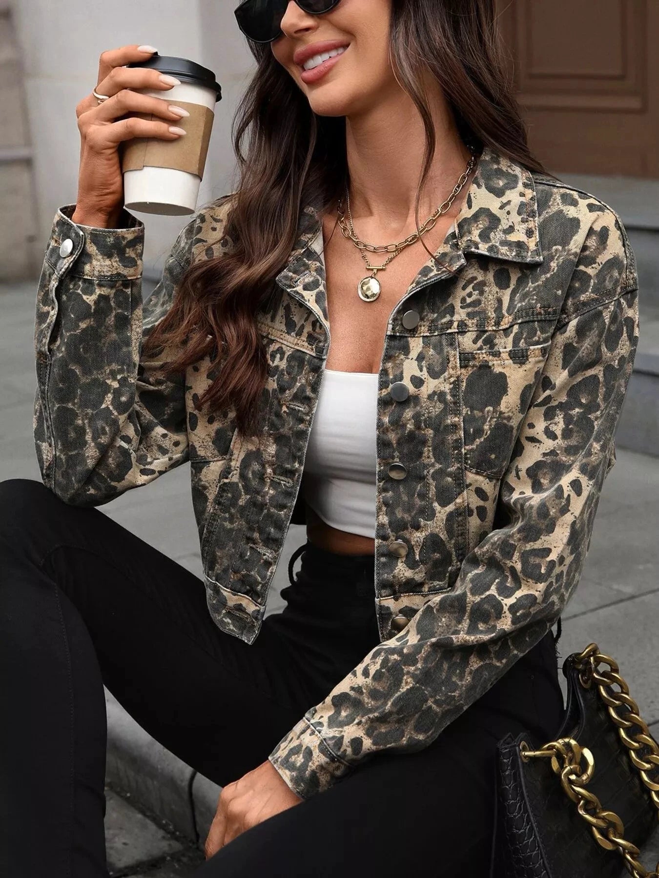 Leopard Button Up Cropped Denim Jacket by Trendsi