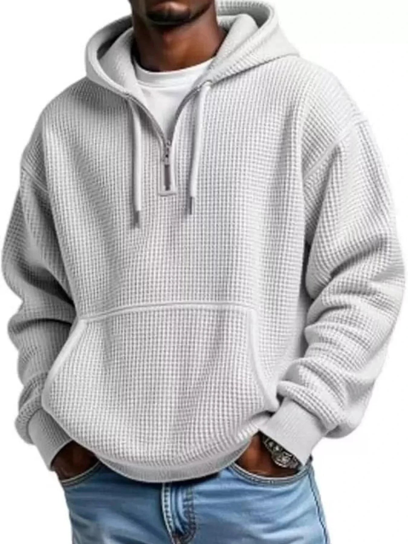 Men's Full Size Textured Waffle Knit Half-Zip Hoodie Plus Size by Trendsi