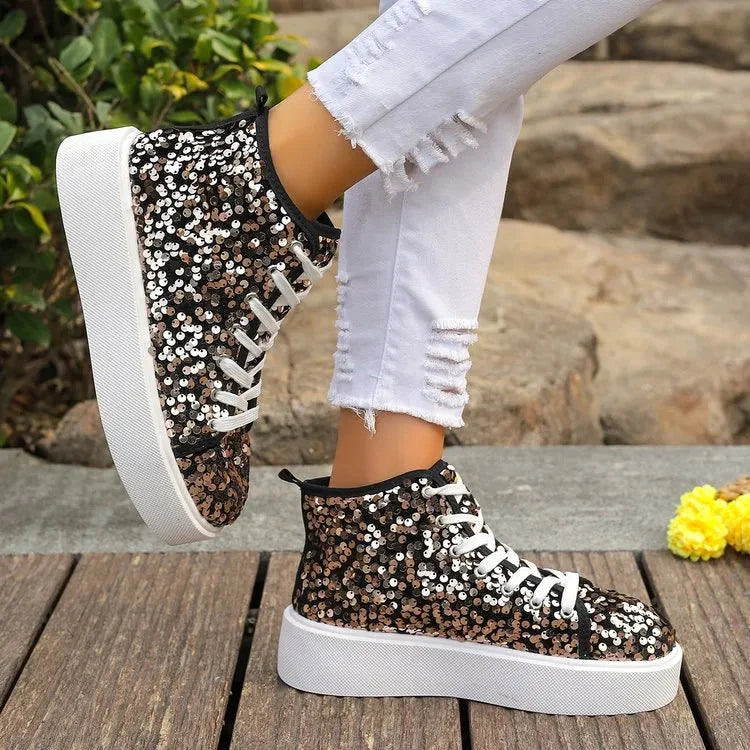 Sequin Round Toe Platform Sneakers by Trendsi