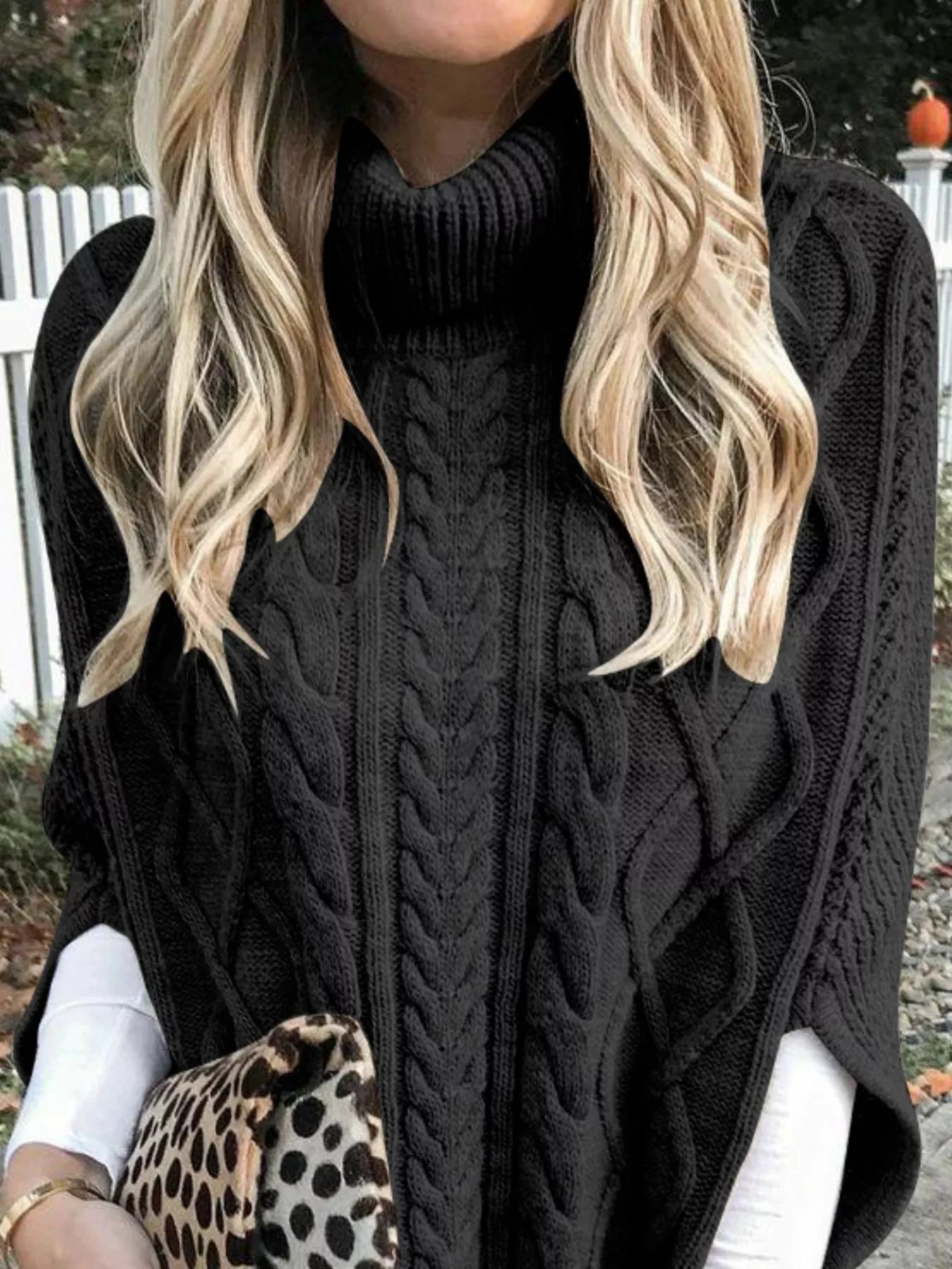 Chunky Cable Knit Turtleneck Poncho Cover Up by Trendsi