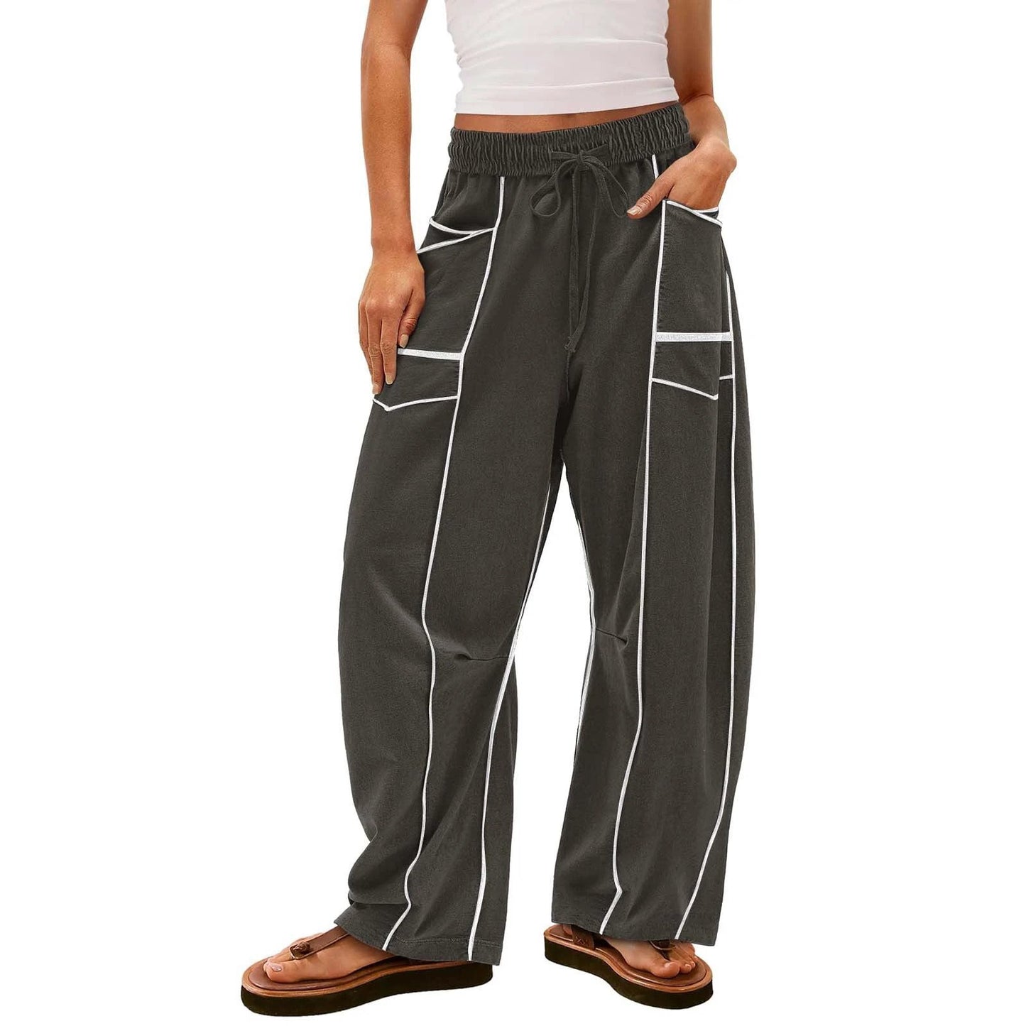 Y2K Black Striped Wide-leg Pants With Pockets Fashion Loose Drawstring Trousers Sports Sweatpants Women's Clothing by AdTec