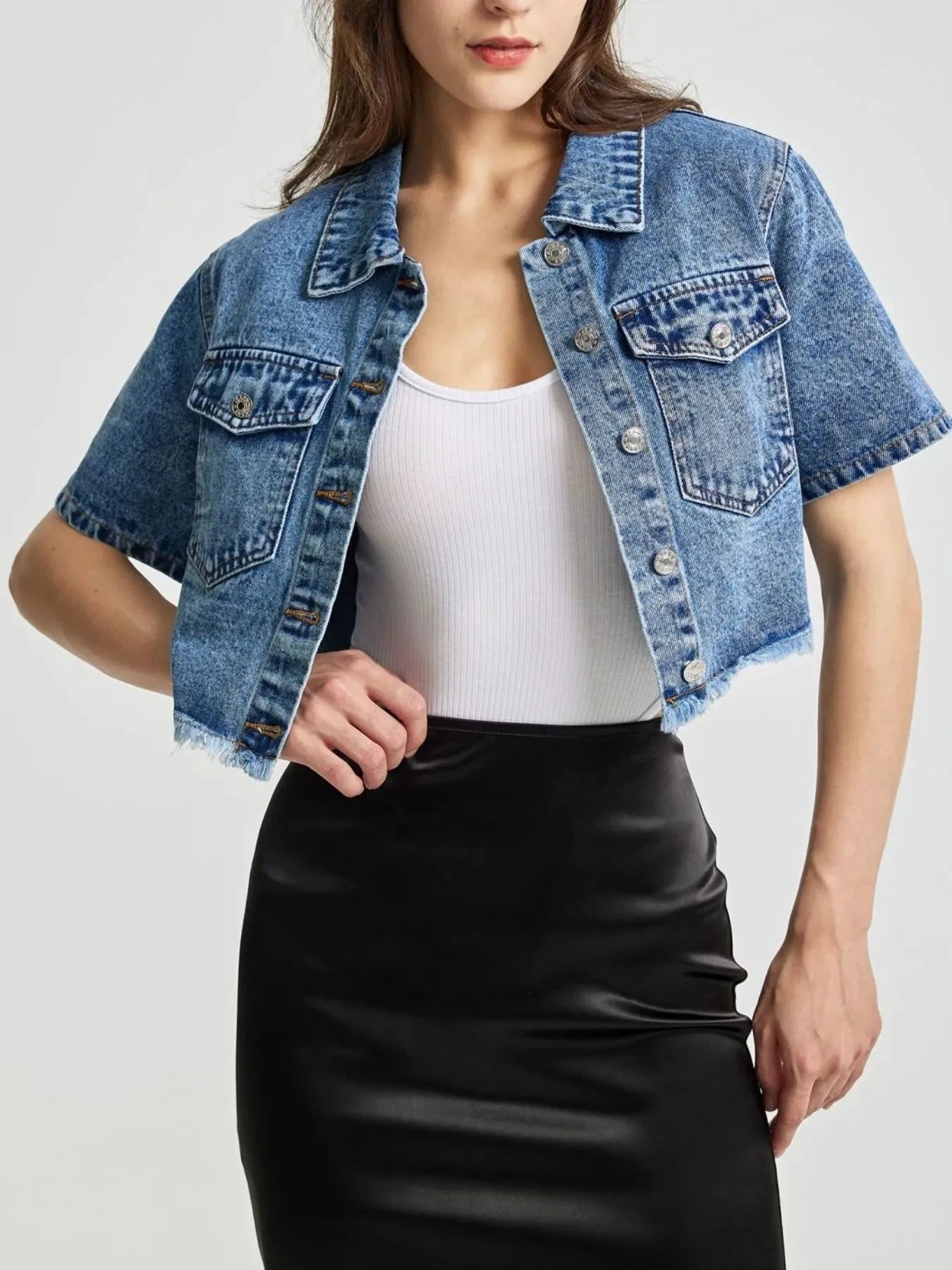 Cropped Short Sleeve Denim Jacket with Frayed Hem by Trendsi