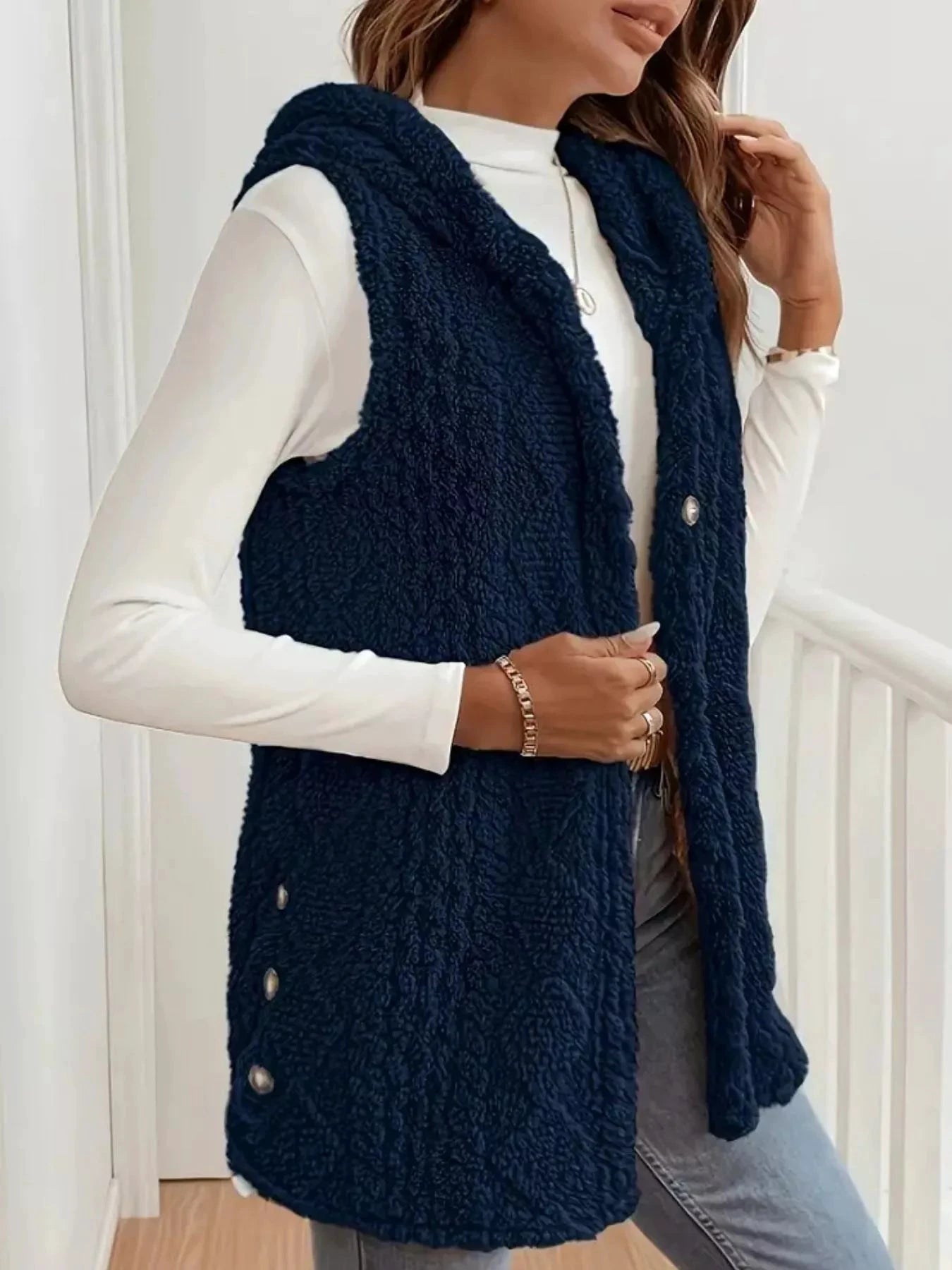 Hooded Button-Up Sherpa Vest Coat by Trendsi