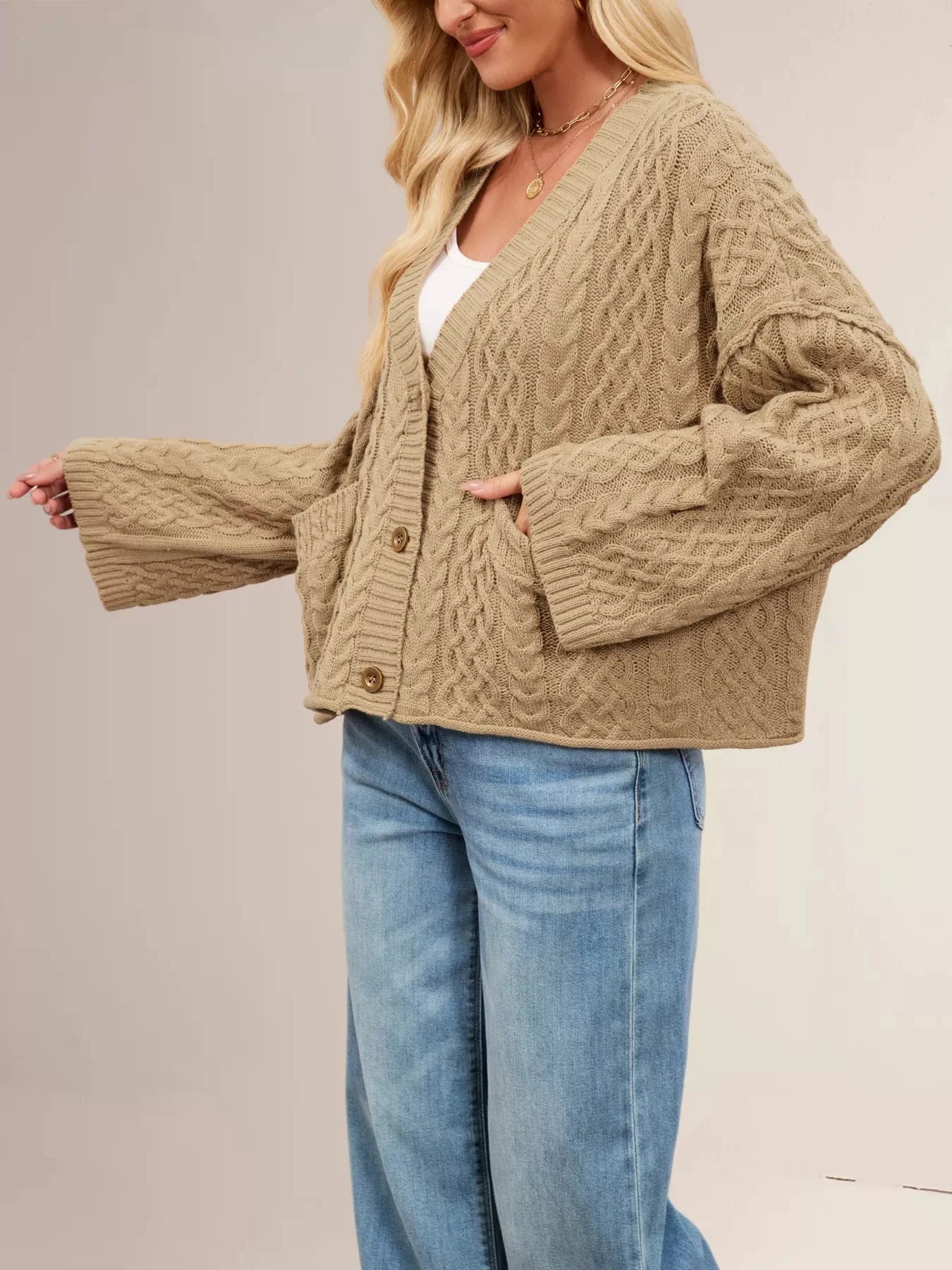 Cable Knit Button-Down Cardigan by Trendsi
