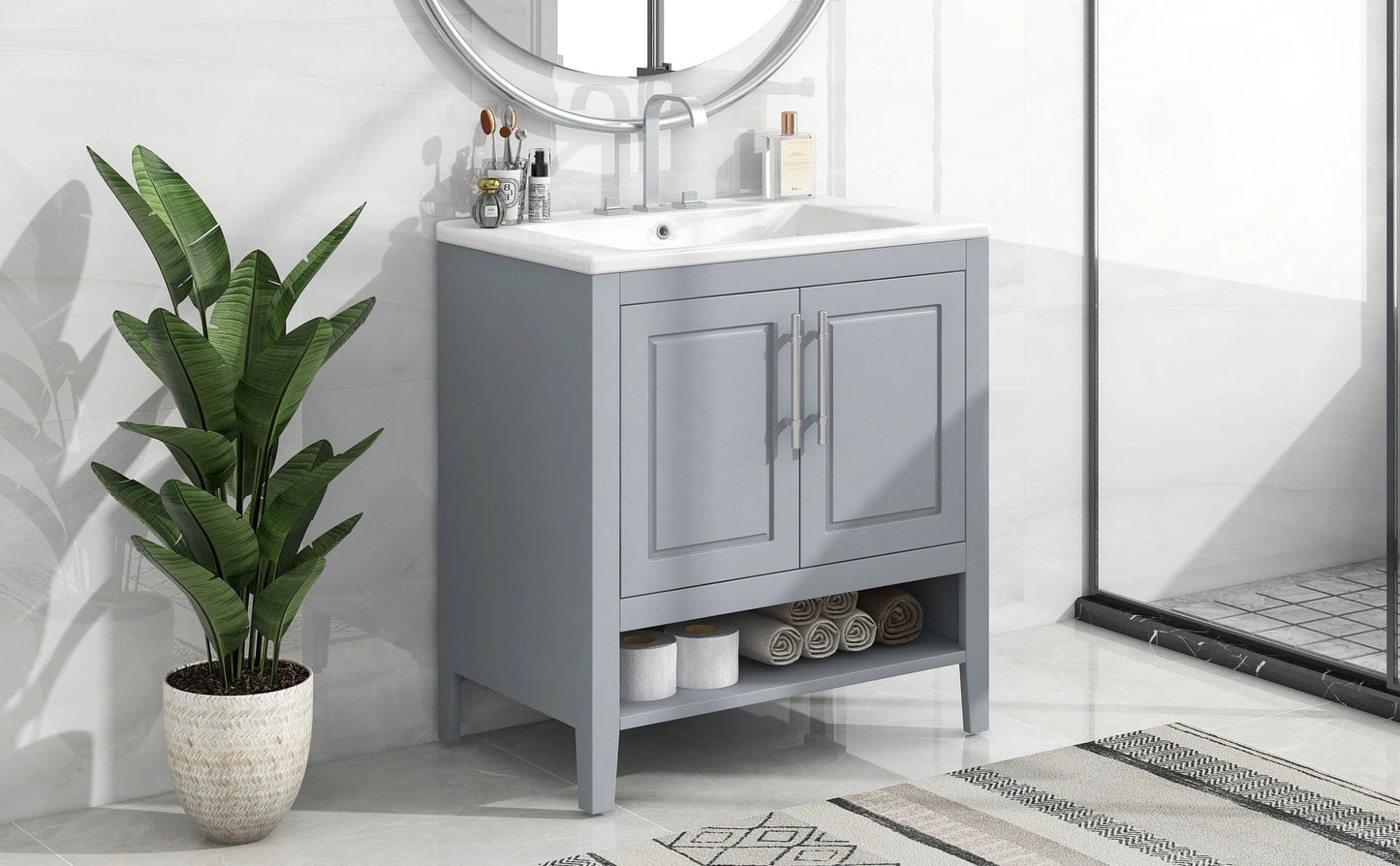 30" Bathroom Vanity with Sink, Multi-functional Bathroom Cabinet with Doors and Drawers, Solid Frame and MDF Board, Grey by eprolo