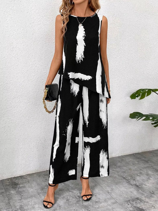 Abstract Print Sleeveless Top & Wide Leg Pants Set by Trendsi