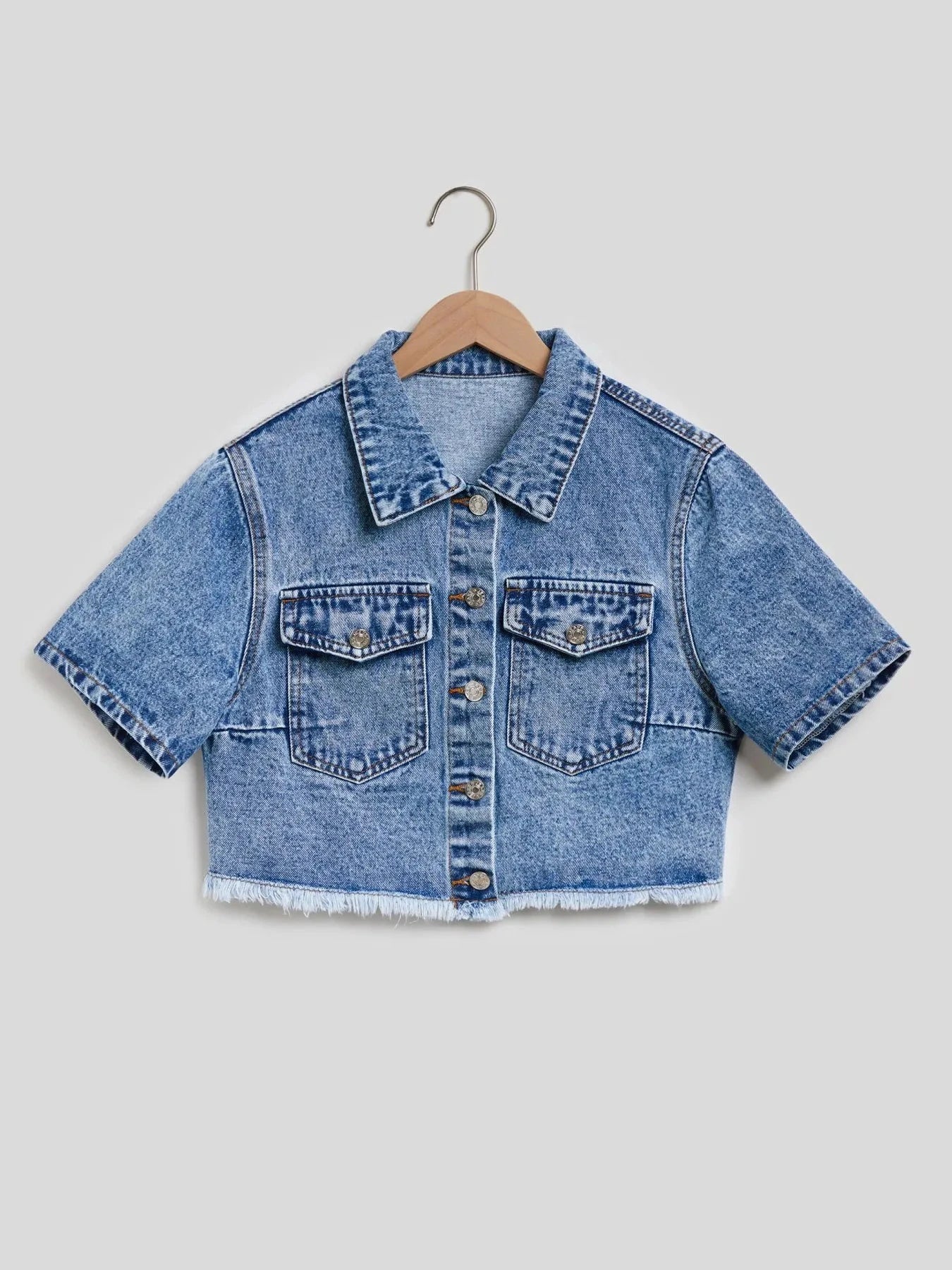 Cropped Short Sleeve Denim Jacket with Frayed Hem by Trendsi