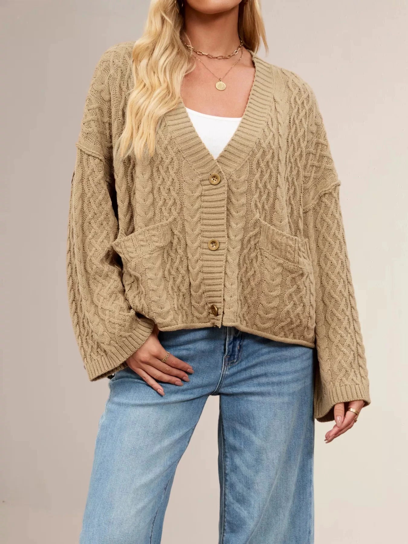 Cable Knit Button-Down Cardigan by Trendsi